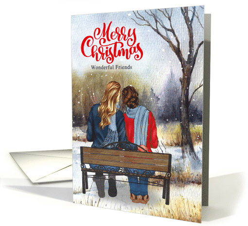 for Friends Christmas Young Caucasian Lesbian Couple Winter Bench card