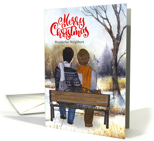 for Neighbors Christmas Young Gay Couple on a Winter Bench card