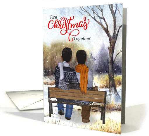 1st Christmas Young African American Gay Couple on a Winter Bench card