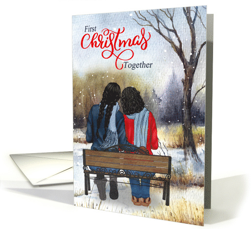 1st Christmas Young Black Lesbian Couple on a Winter Bench card