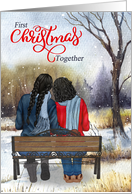 1st Christmas Young Black Lesbian Couple on a Winter Bench card