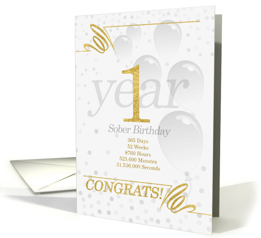 1 Year Sober Birthday Faux Gold Glitter with Silver Gray card