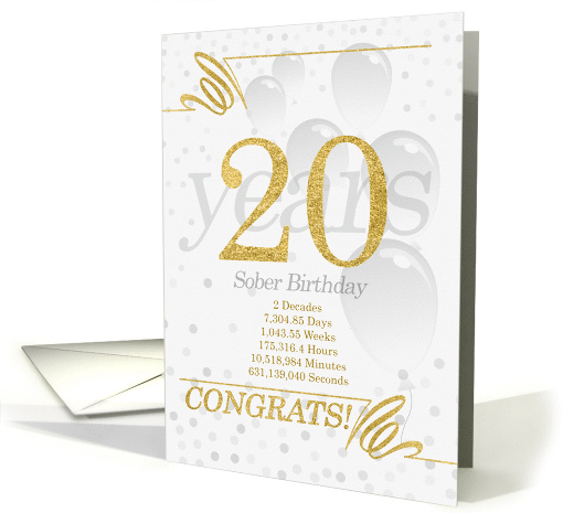 20 Years Sober Birthday Faux Gold Glitter with Silver Gray card