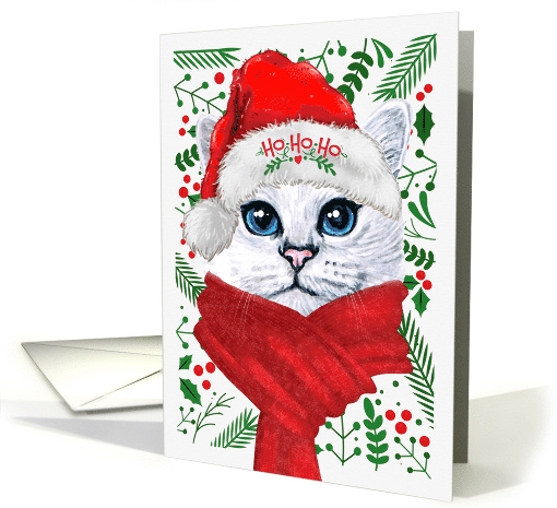 White Norwegian Forest Cat Ho Ho Ho Santa Hat Meowy Christmas card