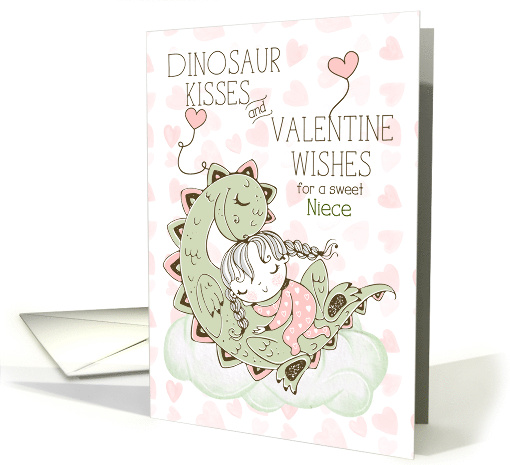 Young Niece Valentine Wishes Dinosaur Kisses Pink and Green card