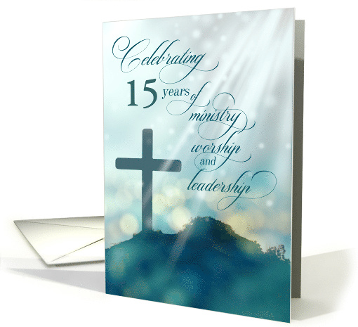 Ordination Anniversary Teal Cross with Sun Rays Custom Year card