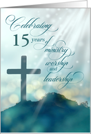 Ordination Anniversary Teal Cross with Sun Rays Custom Year card