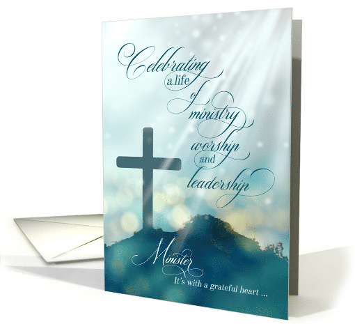 for Minister Ordination Anniversary Teal Cross with Sun Rays card