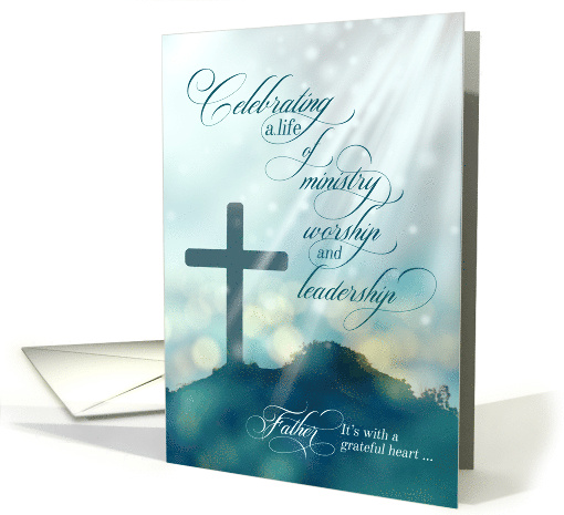 for Priest Ordination Anniversary Teal Cross with Sun Rays card