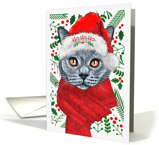 Russian Blue Cat Ho Ho Ho Santa Hat Meowy Christmas Kitty card