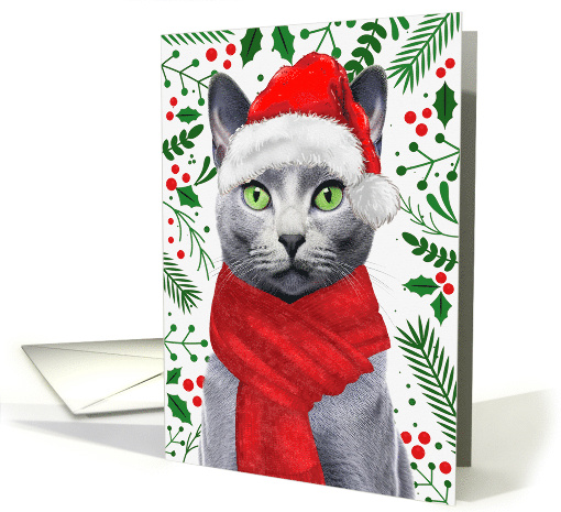From the Cat Russian Blue Ho Ho Ho Santa Hat Meowy Christmas card