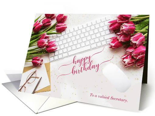 Secretary's Birthday Pink Tulips and Desktop with Keyboard card