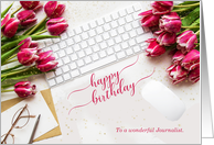 Journalist’s Birthday Pink Tulips and Desktop with Keyboard card