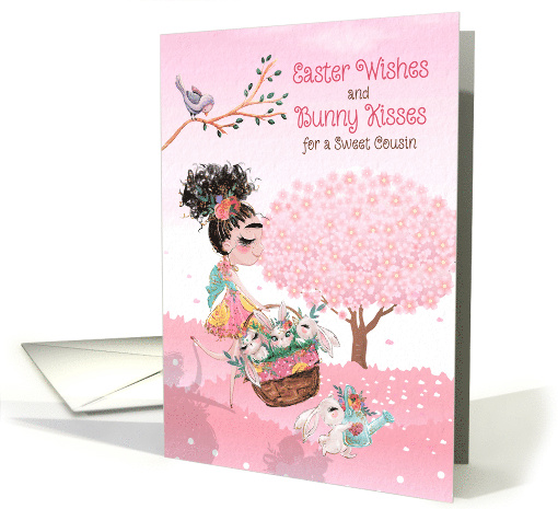 for Cousin Easter Wishes and Bunny Kisses Young Girl and Bunnies card