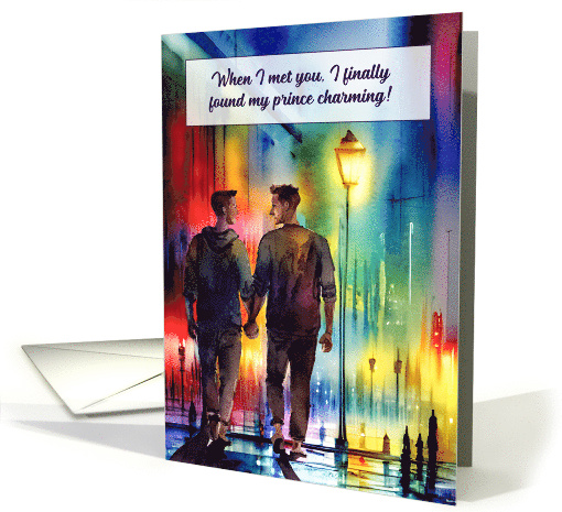 Gay Spouse Anniversary Men Hand in Hand Rainbow Cityscape card