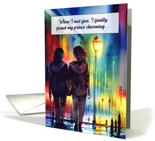 Lesbian Spouse Anniversary Hand in Hand Rainbow Cityscape card