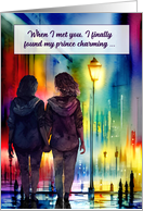 Lesbian Spouse Anniversary Hand in Hand Rainbow Cityscape card