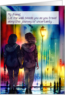 for Friend Cancer Encouragement Two Women Rainbow Cityscape card