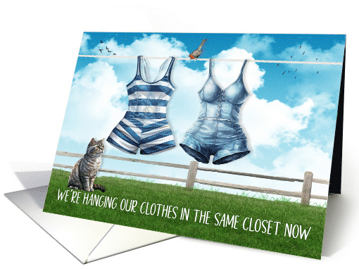 Moved in Together Announcment Lesbian Swimsuits on a Clothesline card