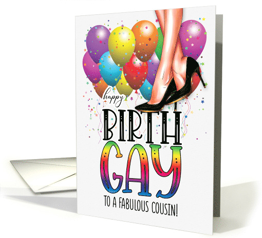 Cousin Happy Birth GAY Female Legs Rainbow and Balloons card (1771400)