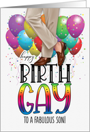 Son Happy Birth GAY Slacks and Loafers Balloons and Rainbow card