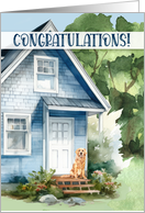 New Home Congratulations Blue House and Golden Retriever card