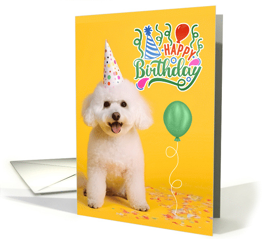 Birthday Bichon Frise Dog in a Party Hat on Yellow card (1776548)