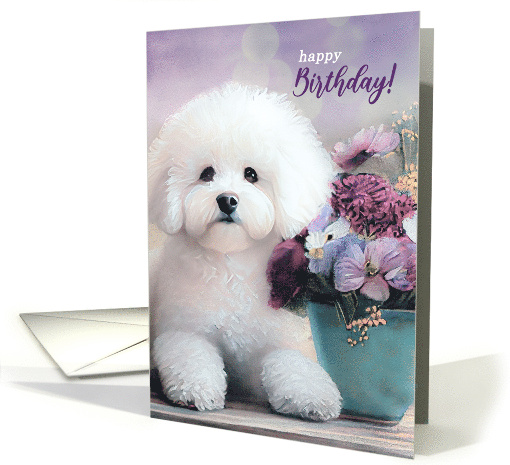 Belated Birthday Bichon Frise Dog with Purple Flowers in a Pot card