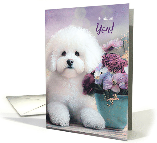Thinking of You Bichon Frise Dog with Purple Flowers in a Pot card