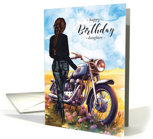 Daughter's Birthday Motorcycle and Female Rider in a Field card