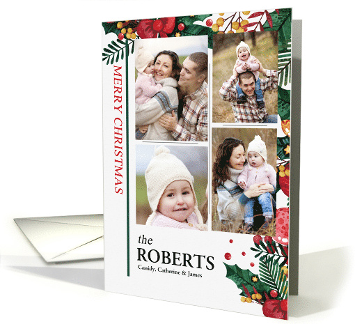 Four Photo Merry Christmas with Watercolor Holly and Berries card