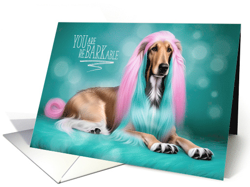 Afghan Hound Dog Pink and Turquoise Hair reBARKable Congrats card