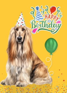 Birthday Afghan Hound Dog in a Party Hat on Yellow