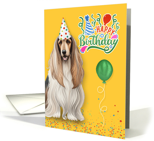 Belated Birthday Afghan Hound Dog in a Party Hat on Yellow card