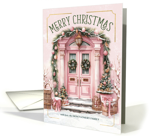 Merry Christmas Front Porch in Pink and Green Custom Name card