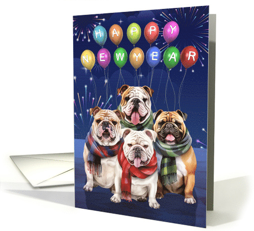 Bulldog New Year with Cute Dogs in Winter Scaves and Fireworks card