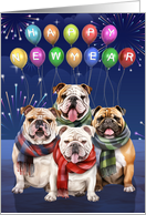 Bulldog New Year with Cute Dogs in Winter Scaves and Fireworks card