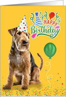 Birthday Airedale Terrier Dog in a Party Hat on Yellow card