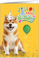 Birthday Akita Dog in a Party Hat on Yellow card