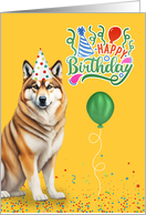 Birthday Akita Dog in a Party Hat on Yellow card