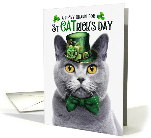 Chartreux Grey Cat is a Funny St CATrick's Day Lucky Charm card