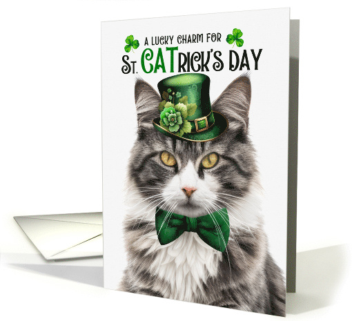 Grey and White Tabby Cat Funny St CATrick's Day Lucky Charm card