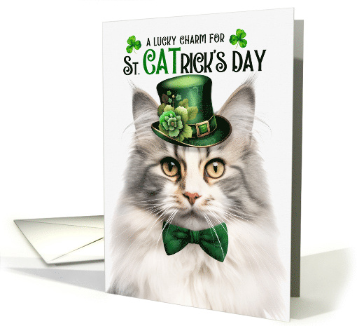 Silver Norwegian Forest Cat Funny St CATrick's Day Lucky Charm card