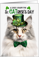 Silver Norwegian Forest Cat Funny St CATrick’s Day Lucky Charm card