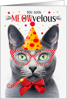 Russian Blue Gray Cat MEOWvelous Birthday card