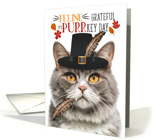 Gray and White Marble Thanksgiving Cat Grateful PURRkey Day card