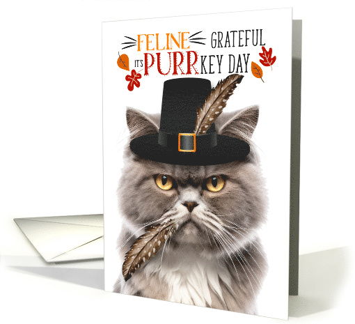 Smoke Gray Persian Thanksgiving Cat Grateful for PURRkey Day card