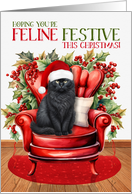 Fluffy Black Christmas Cat in a Santa Hat FELINE FESTIVE card