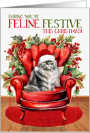Gray Persian Christmas Cat FELINE FESTIVE card