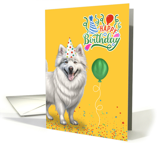 American Eskimo Dog in a Party Hat on Yellow Cute Birthday card